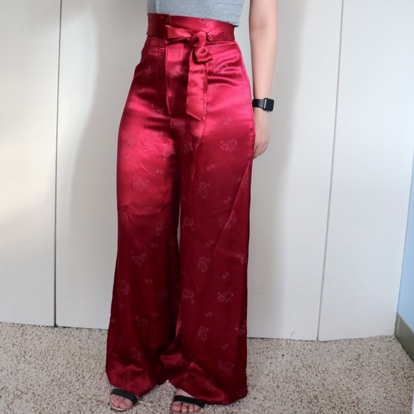Vintage Pants - Vintage Maroon Silky High Waisted Pants with Belt